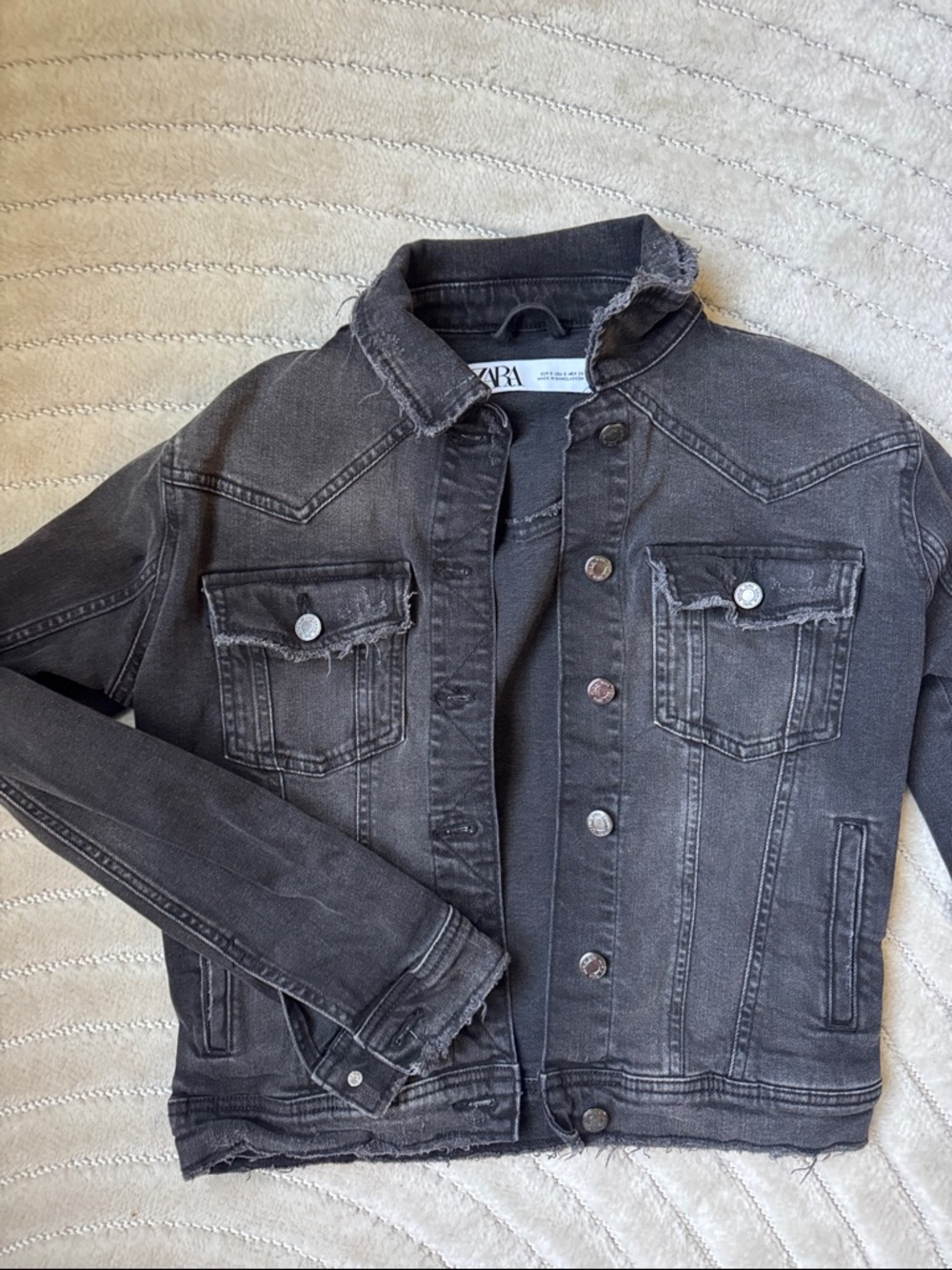 ZARA women’s small Black Denim Jacket with Distressed Trim